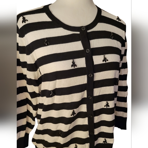 ANN TAYLOR EMBELLISHED STRIPED CARDIGAN SWEATER - Picture 3 of 8